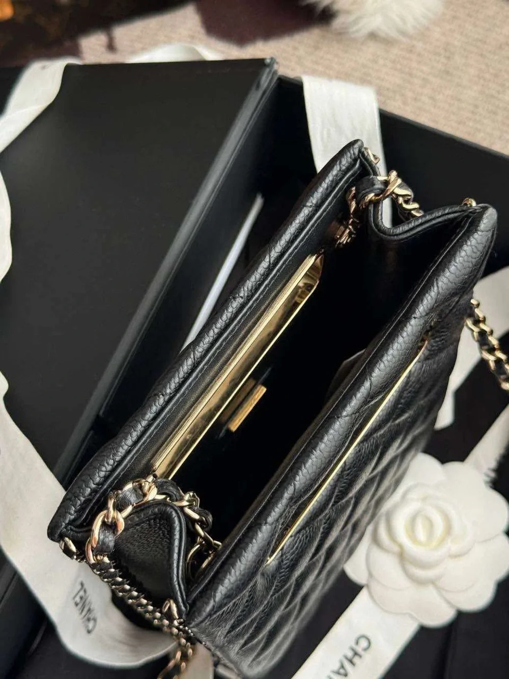 CHANEL Black Quilted Leather Phone Pouch with Gold-Tone CC